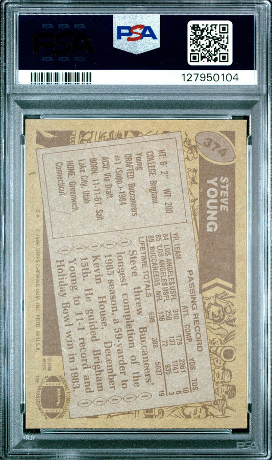 1986 Topps #374 Steve Young PSA 6 - back of slab showing cert 127950104