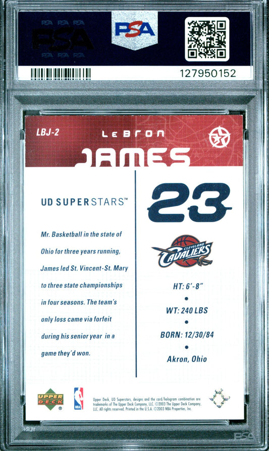 LeBron James Rookie PSA 7 2003 Upper Deck Superstars Gift Box Bonus #LBJ-2 back