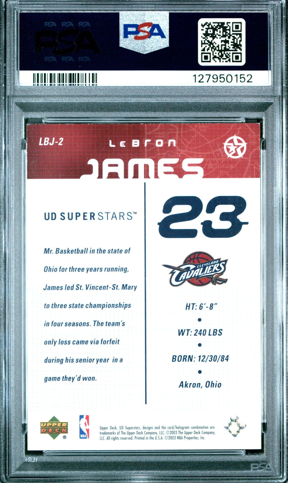 LeBron James Rookie PSA 7 2003 Upper Deck Superstars Gift Box Bonus #LBJ-2 back