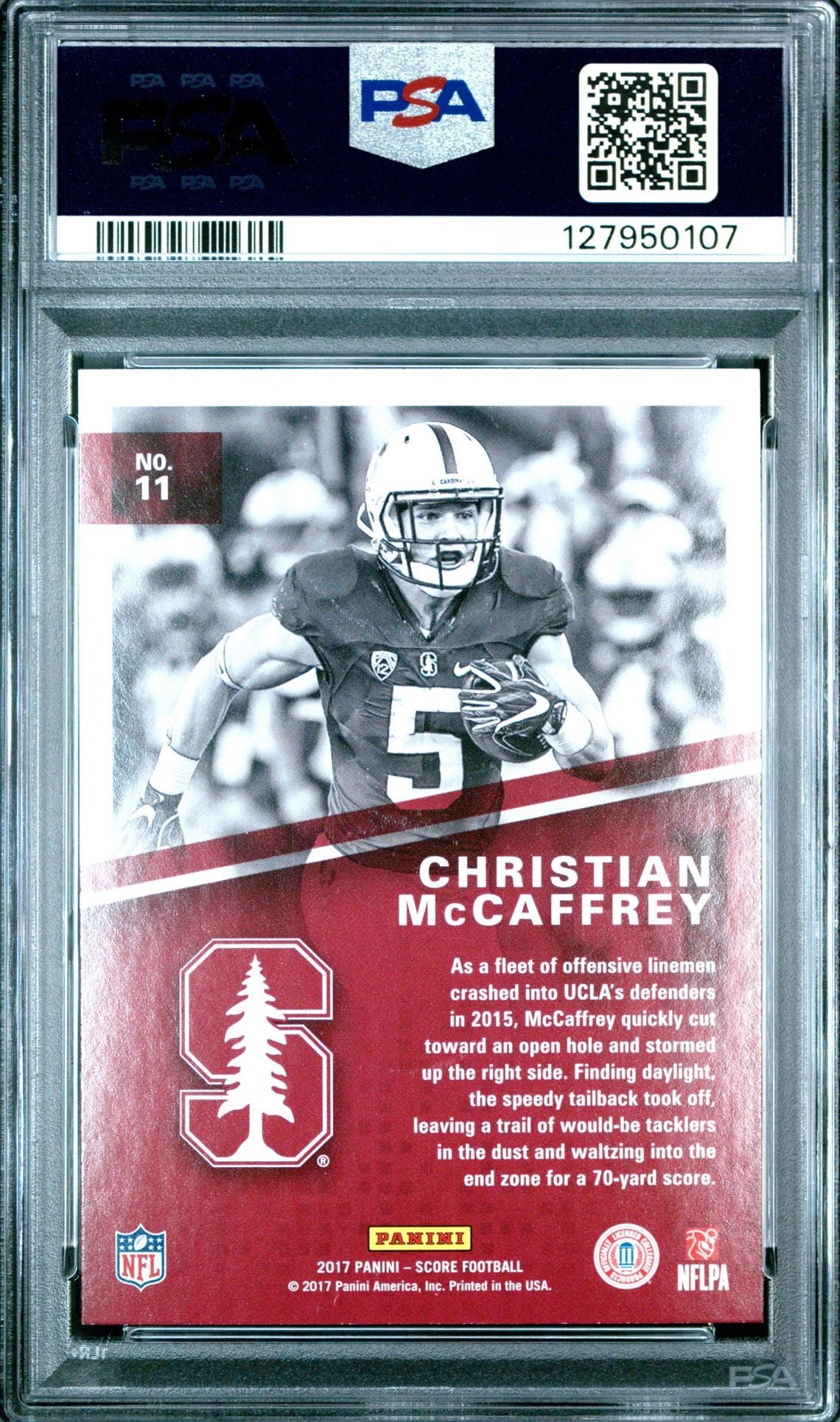 2017 Panini Score Hype #11 Christian McCaffrey PSA 9 - back of slab showing cert 127950107