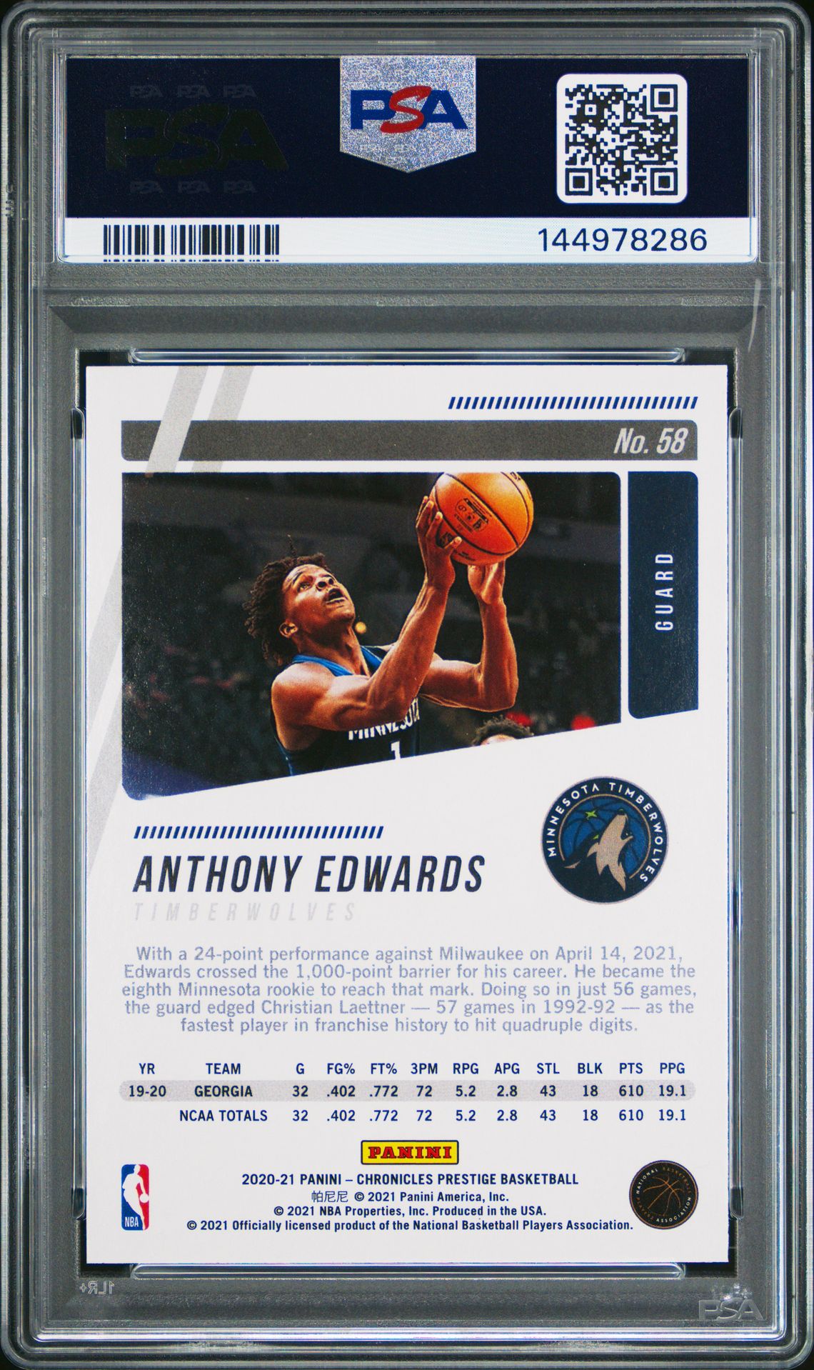Anthony Edwards Rookie PSA 10 2020 Panini Chronicles #58 back