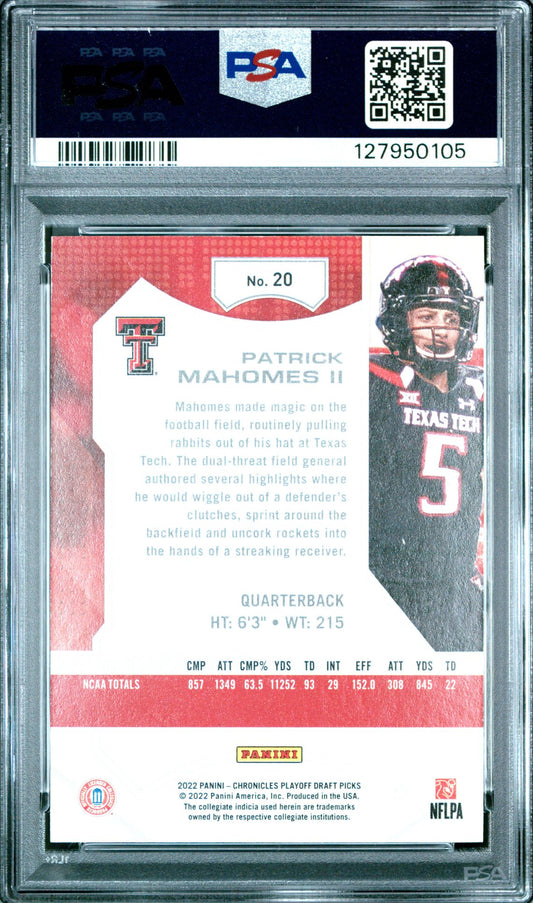 2022 Chronicles Playoff Red #20 Patrick Mahomes II PSA 8 - back of slab showing cert 127950105