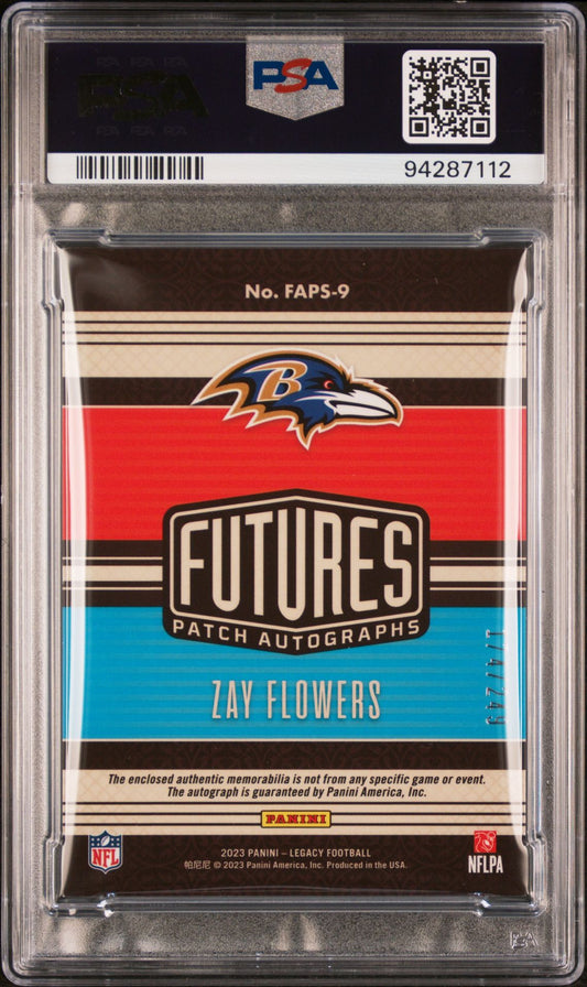 Zay Flowers Rookie Patch Auto PSA 8 2023 Panini Legacy Futures Patch #FAPS9 back