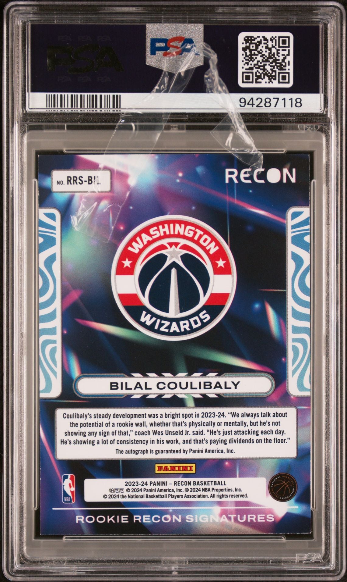 Bilal Coulibaly Rookie Auto PSA 8 2023 Panini Recon Rookie Recon Signatures #RRSBIL back