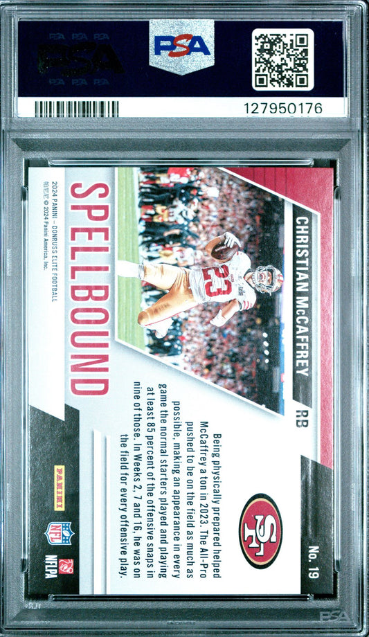 Christian McCaffrey PSA 9 2024 Donruss Elite Spellbound Orange /99 back