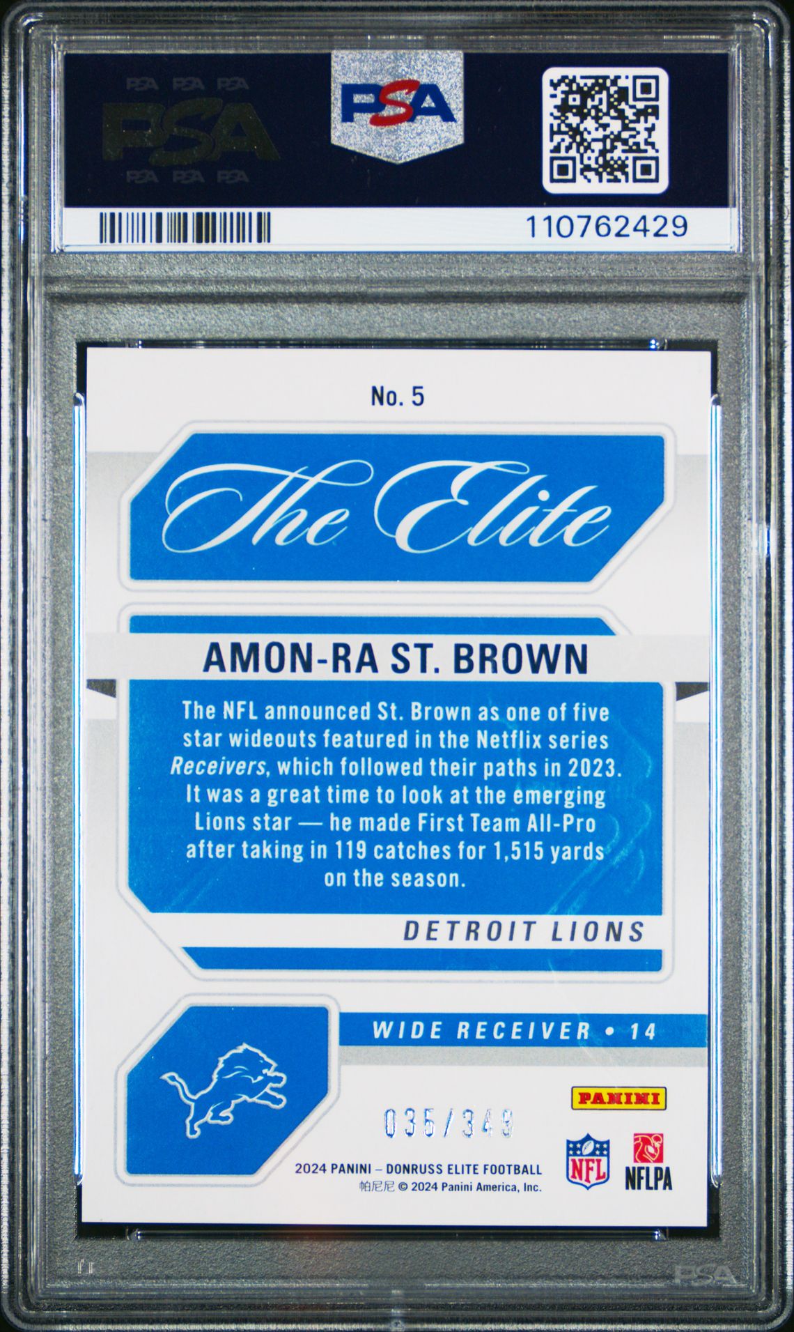 Amon-Ra St. Brown PSA 9 2024 Panini Donruss Elite The Elite #5 back