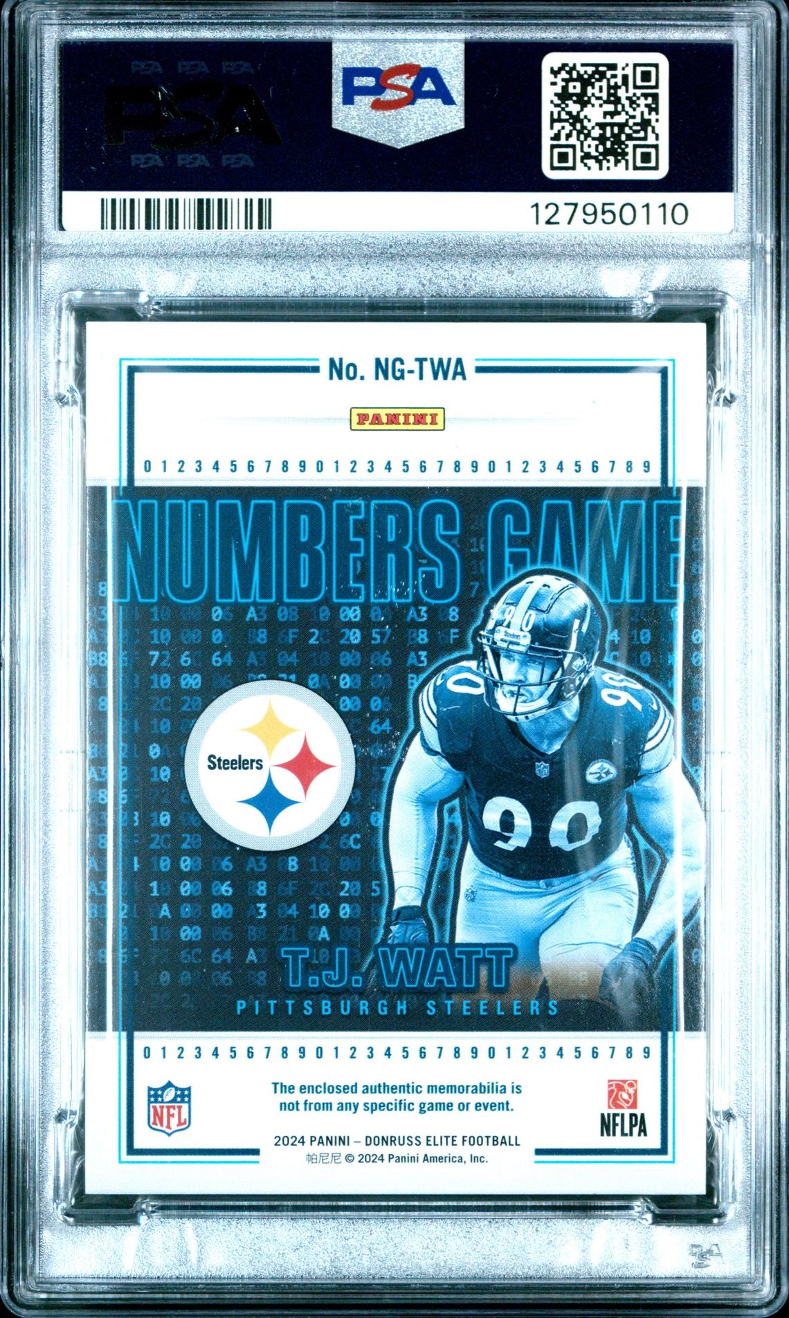 2024 Donruss Elite Numbers Game Jerseys T.J. Watt PSA 9 - back of slab showing cert 127950110