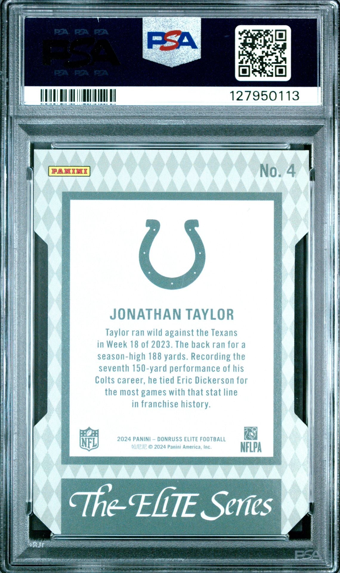 2024 Donruss Elite 1992 Elite Status Die-Cut #4 Jonathan Taylor PSA 9 - back of slab showing cert 127950113