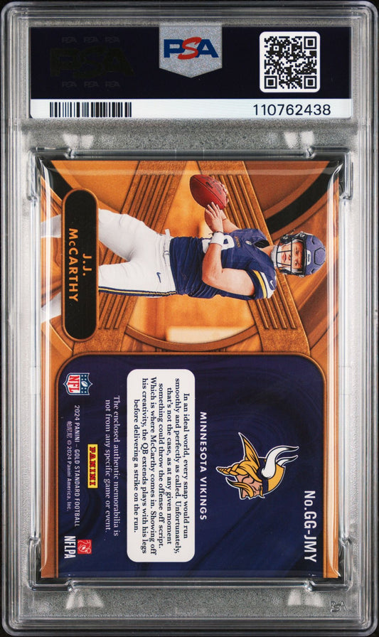 J.J. McCarthy Rookie Relic PSA 8 2024 Panini Gold Standard Gold Gear #GGJMY /299 back