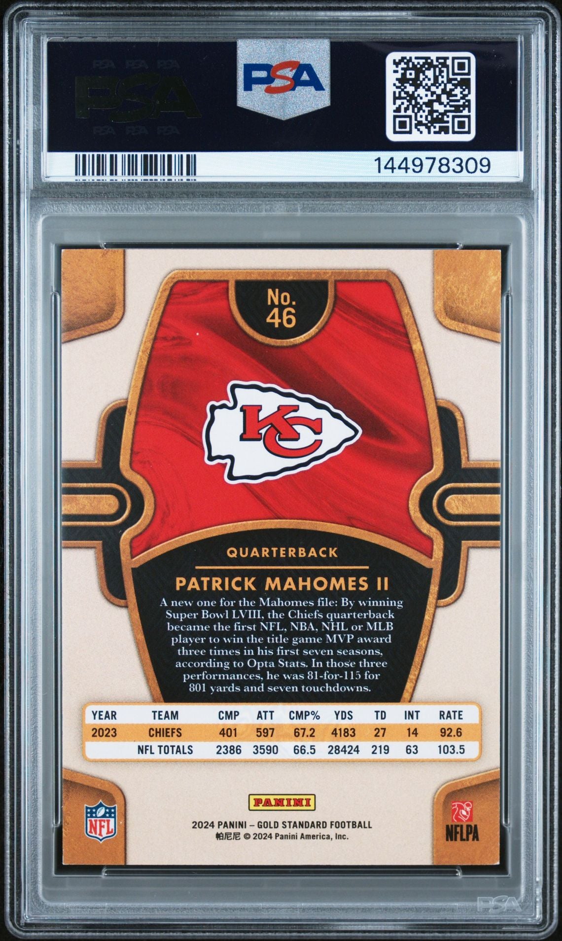 Patrick Mahomes II PSA 7 2024 Panini Gold Standard Platinum #46 back