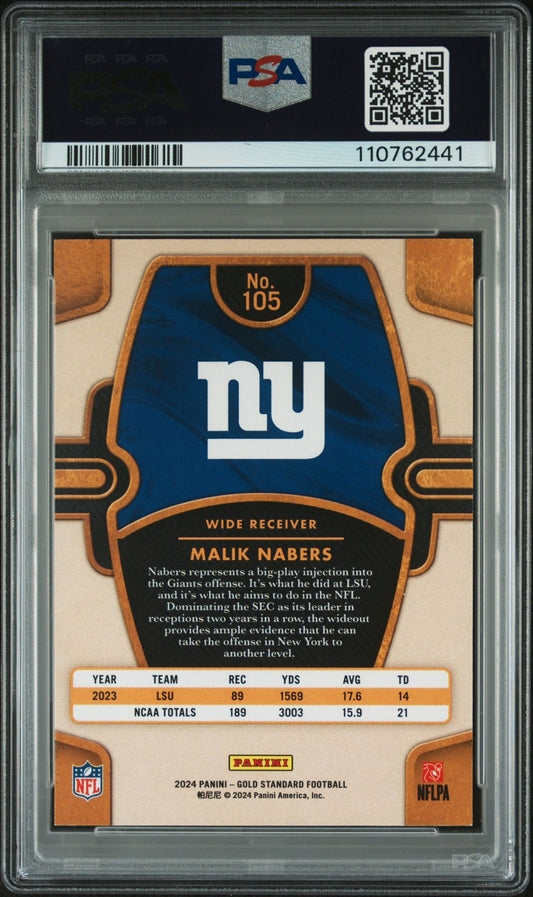 Malik Nabers Rookie PSA 8 2024 Panini Gold Standard White Gold #105 /65 back