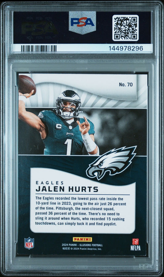 Jalen Hurts PSA 8 2024 Panini Illusions Trophy Collection Pink #70 back