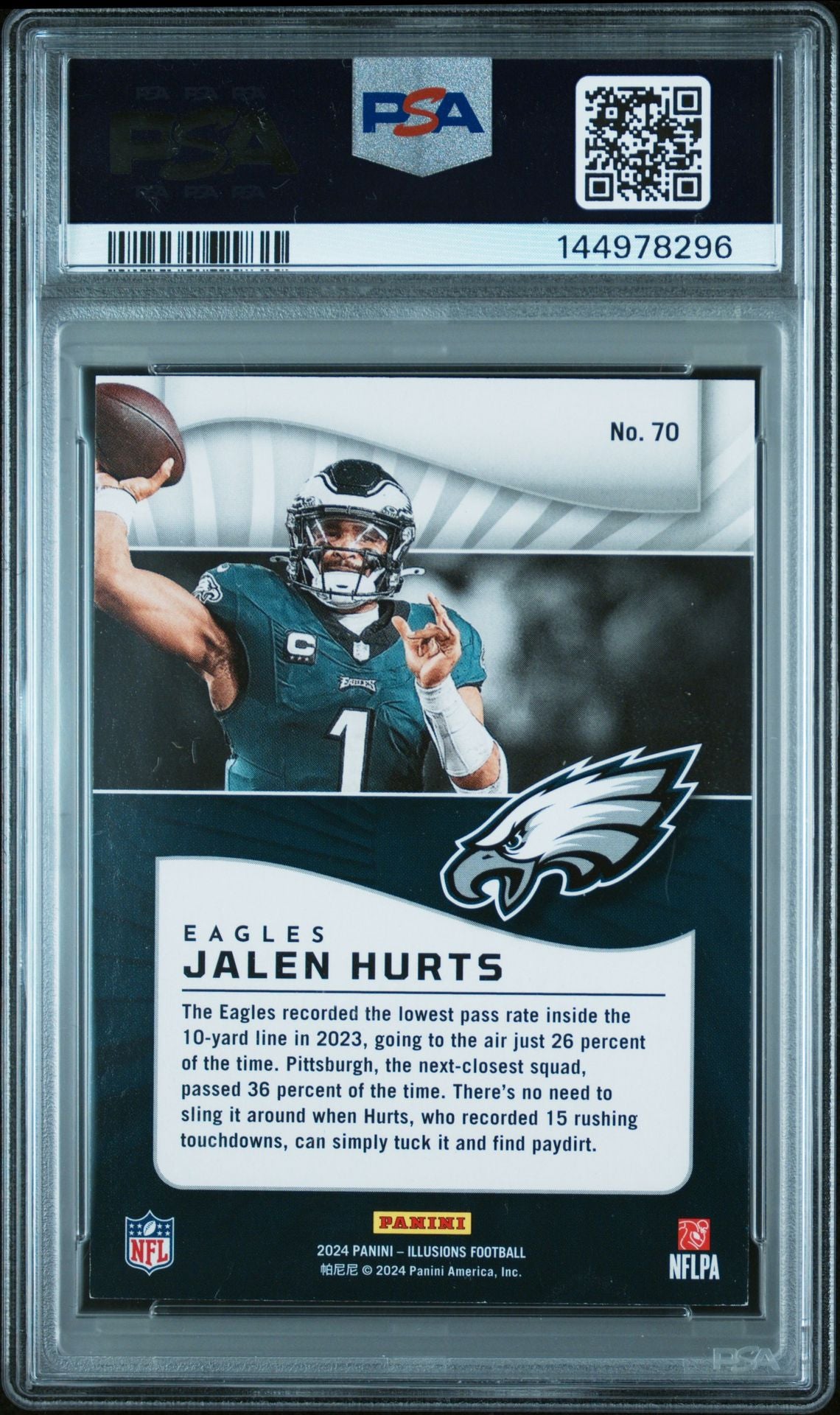 Jalen Hurts PSA 8 2024 Panini Illusions Trophy Collection Pink #70 back