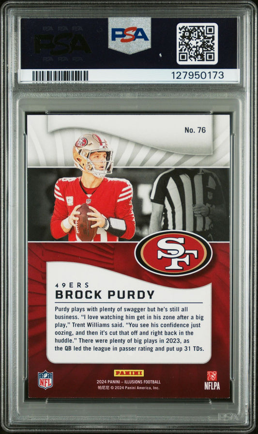 Brock Purdy PSA 8 2024 Panini Illusions Trophy Collection Purple #76 /99 back