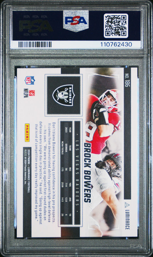 Brock Bowers Rookie PSA 10 2024 Panini Luminance Gold #186 /299 back