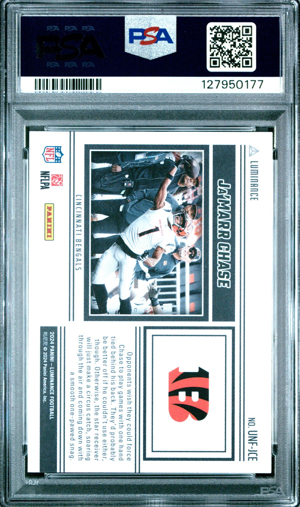 Ja'Marr Chase PSA 10 2024 Panini Luminance Unforgettable Orange #UNFJCE /100 back