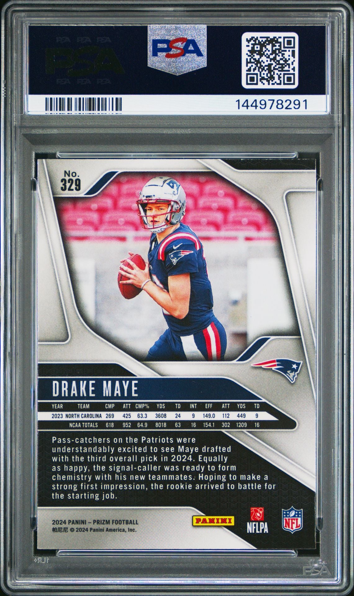 Drake Maye Rookie PSA 9 2024 Panini Prizm #329 back copy 2