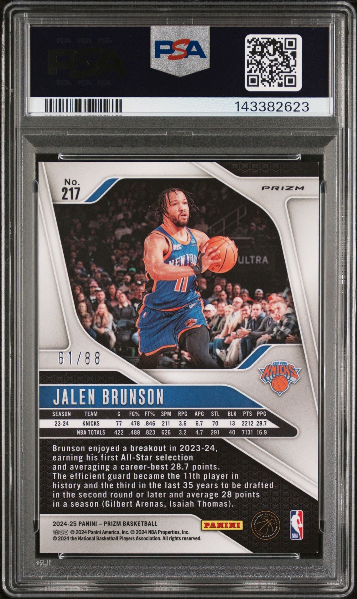 Jalen Brunson PSA 9 2024 Panini Prizm Multi Wave #217 back