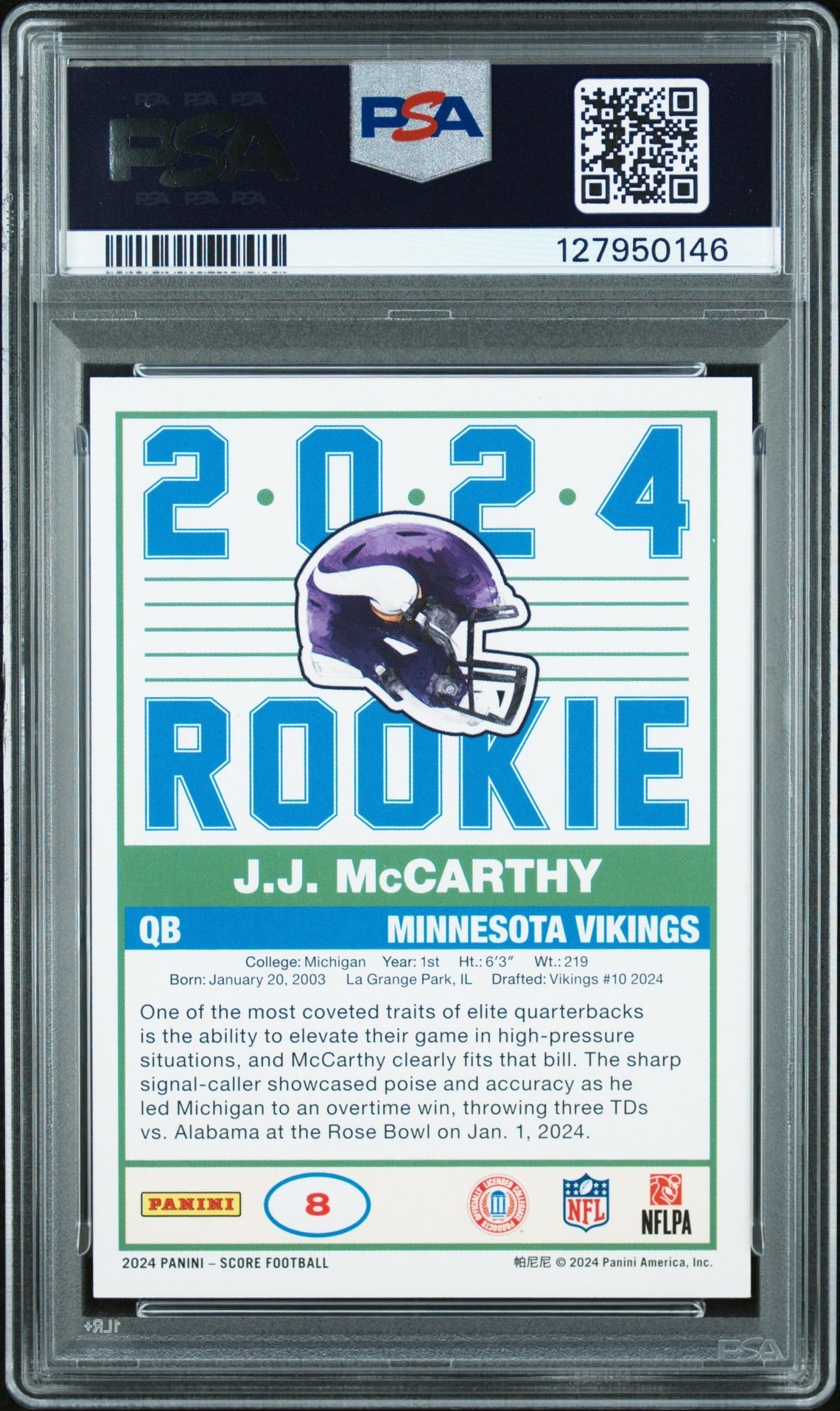 J.J. McCarthy Rookie PSA 9 2024 Panini Score 35th Anniversary #8 back