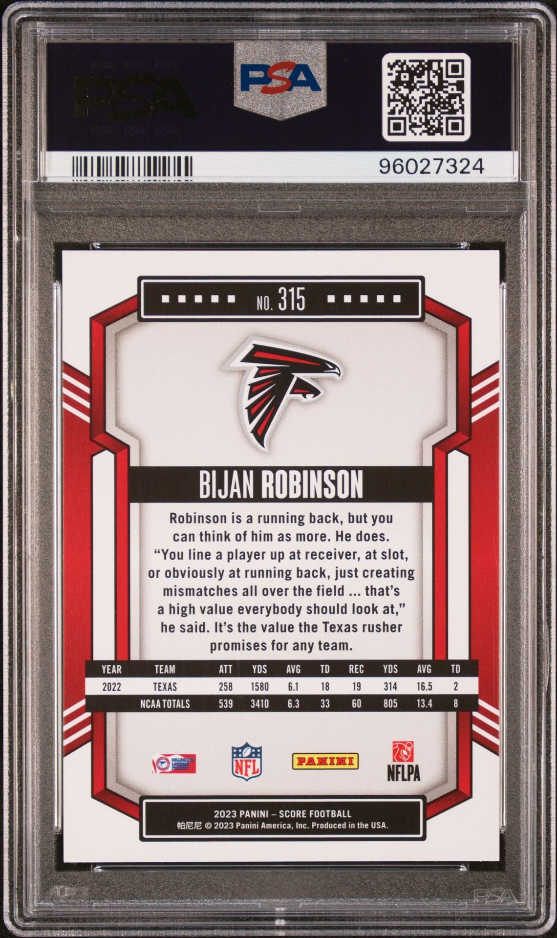 2023 Panini Score #315 Bijan Robinson PSA 9 Rookie Card