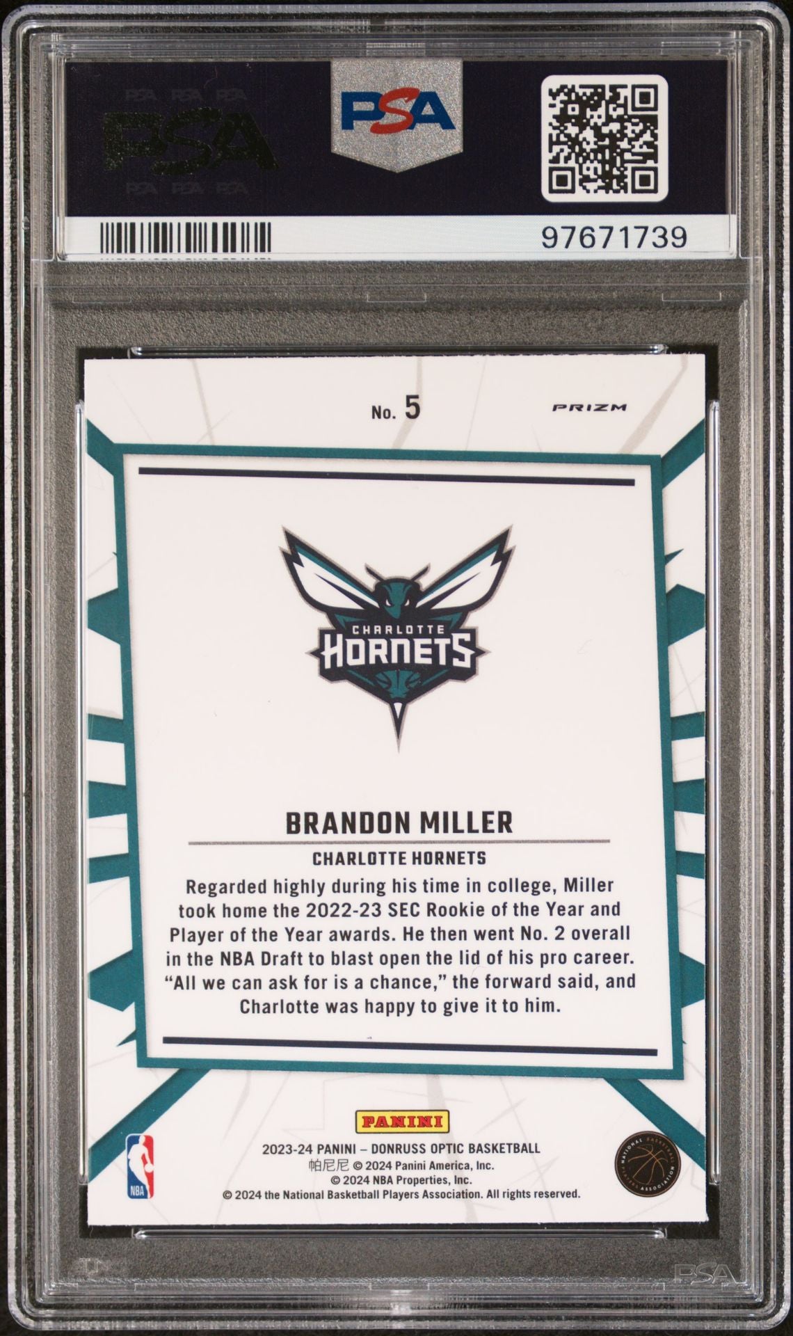 2023-24 Panini Donruss Optic - My House Purple #5 Brandon Miller PSA 9 (RC)