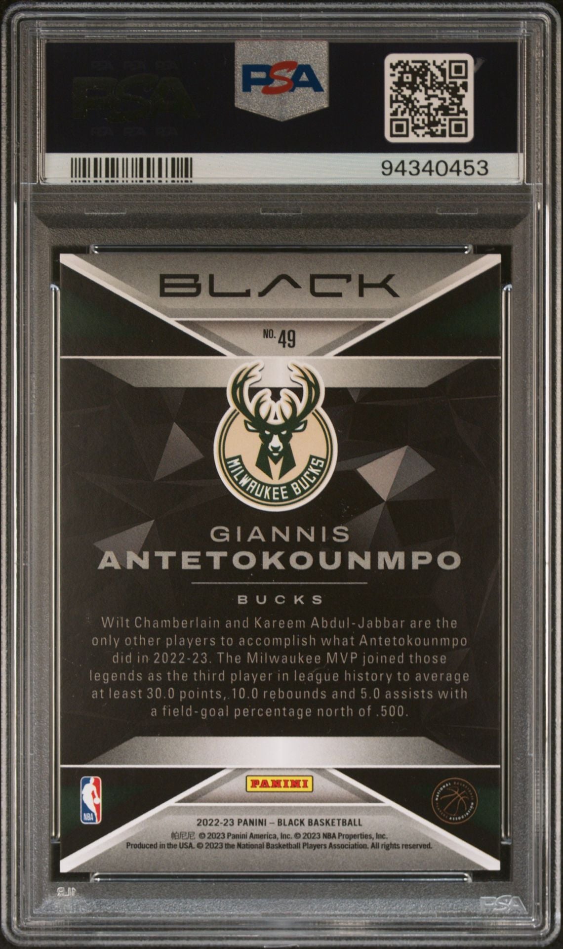 2022 Panini Black #49 Giannis Antetokounmpo PSA 10