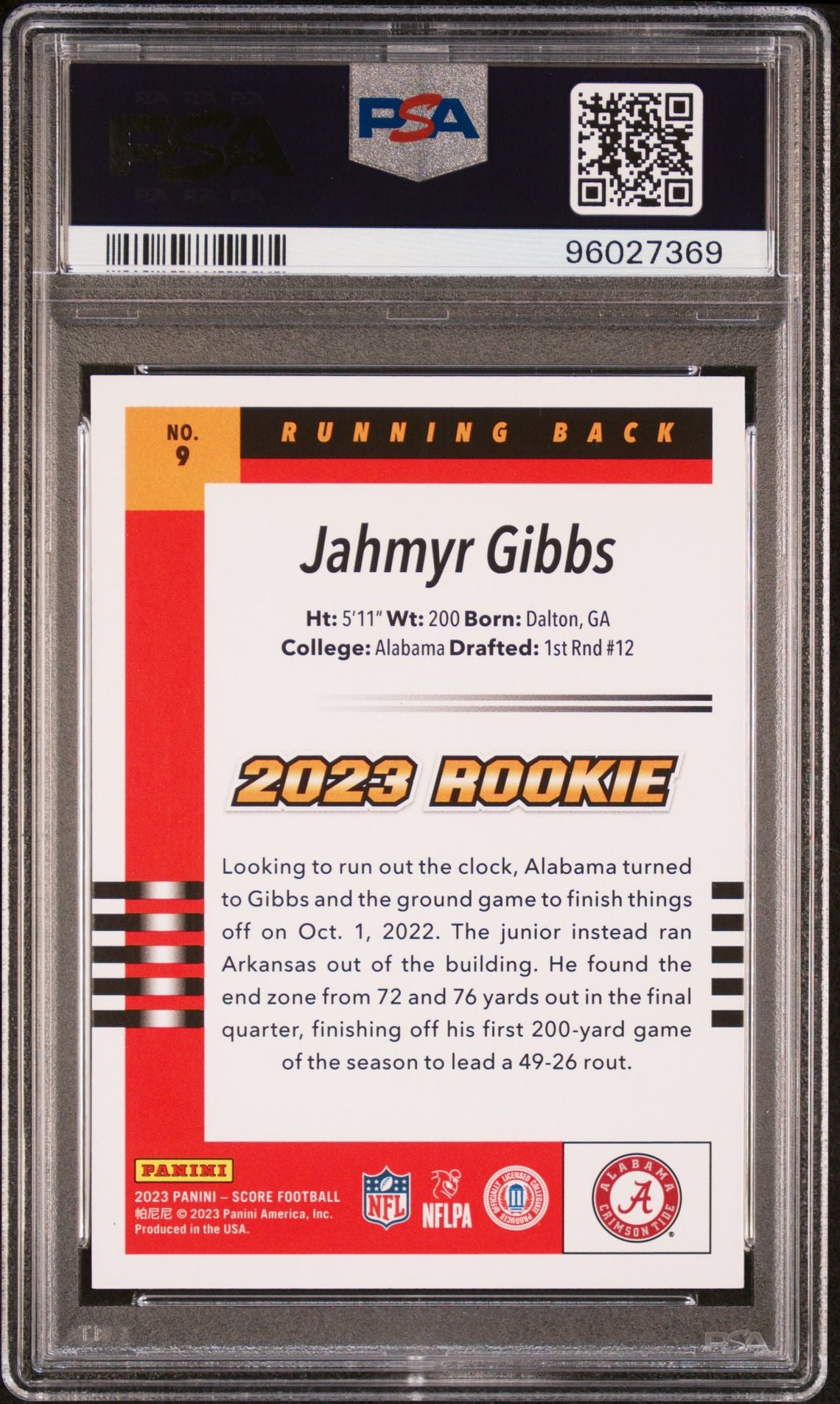 2023 Score - 2003 Throwback Rookie #9 Jahmyr Gibbs PSA 10 Rookie Card