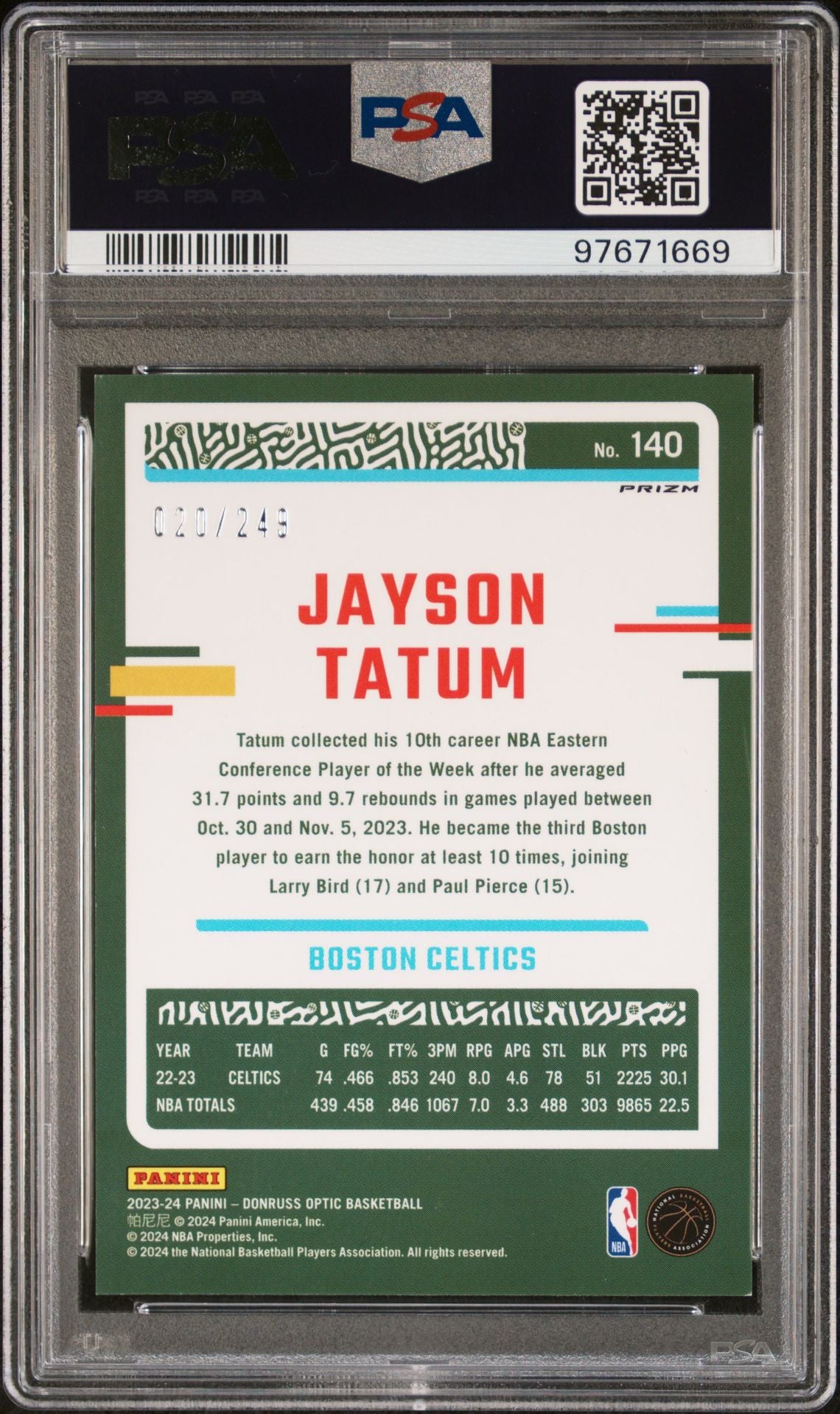 2023-24 Panini Donruss Optic - Aqua #140 Jayson Tatum /249 PSA 8