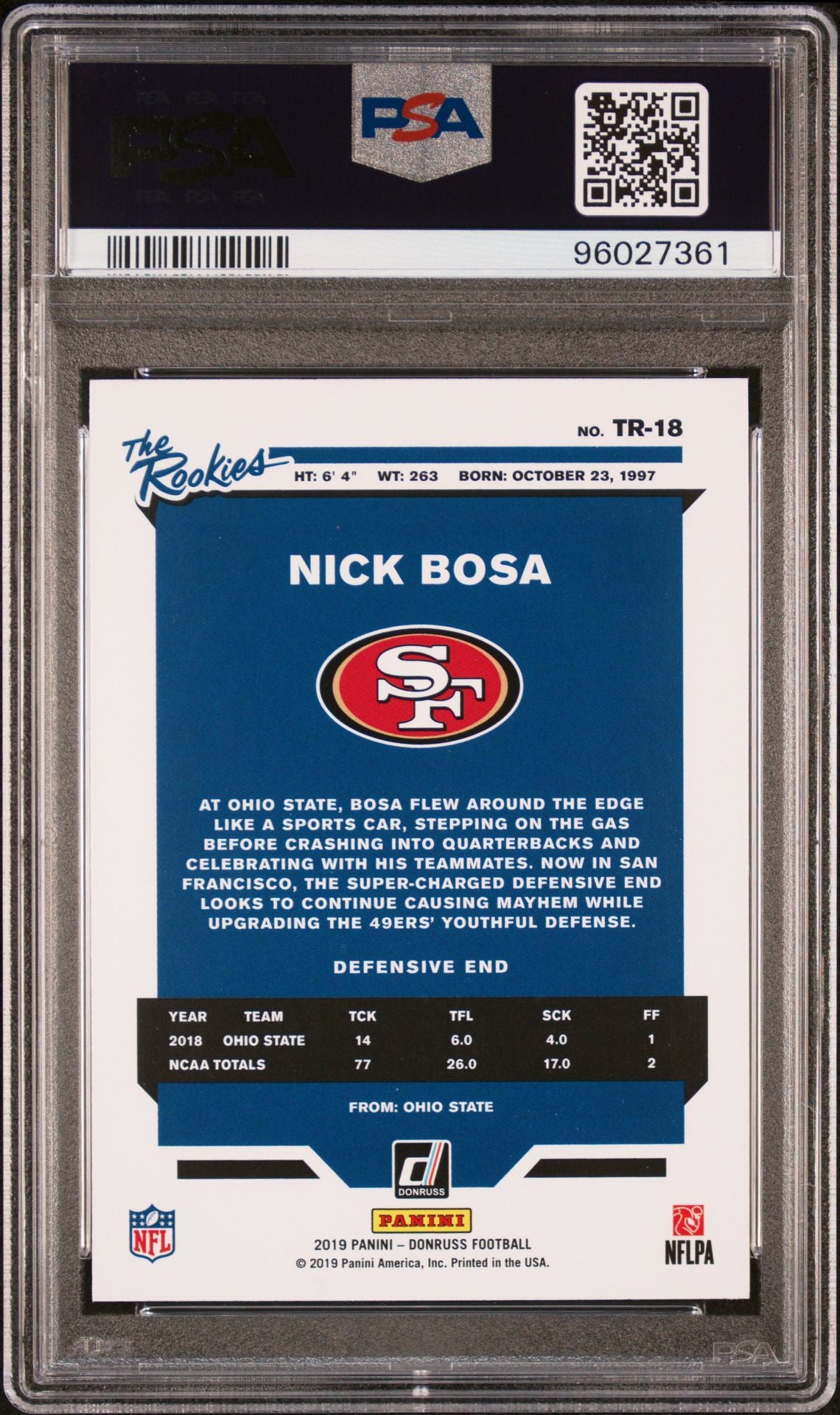 2019 Panini Donruss - The Rookies #TR18 Nick Bosa PSA 10 Rookie Card