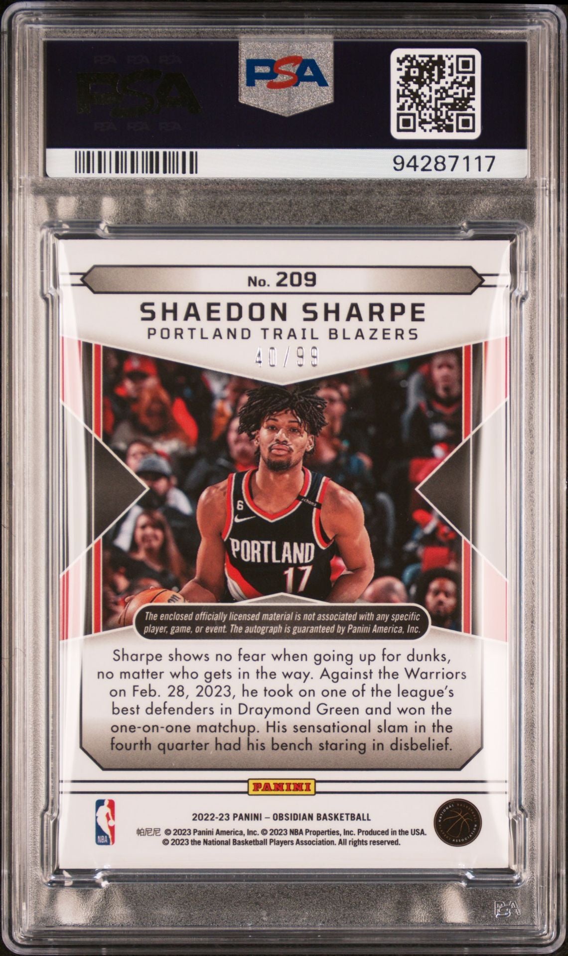2022 Panini Obsidian Jersey Autograph #209 Shaedon Sharpe PSA 10/Auto 9 (RC)