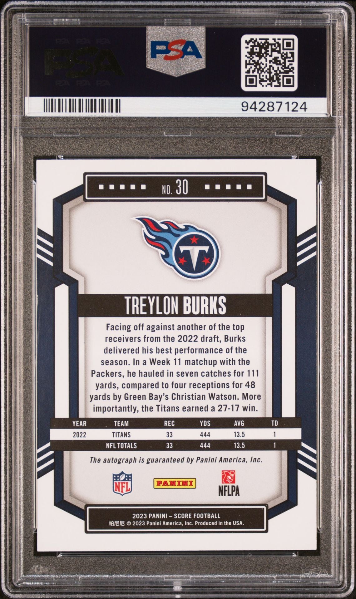 2023 Panini Score Autograph #30 Treylon Burks PSA 8/Auto 10