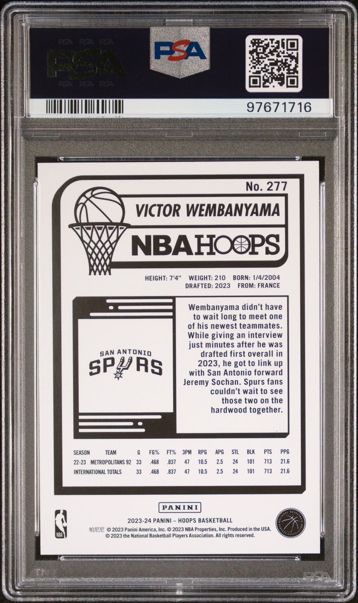 2023-24 Panini NBA Hoops - Rookies Winter #277 Victor Wembanyama PSA 9 (RC)