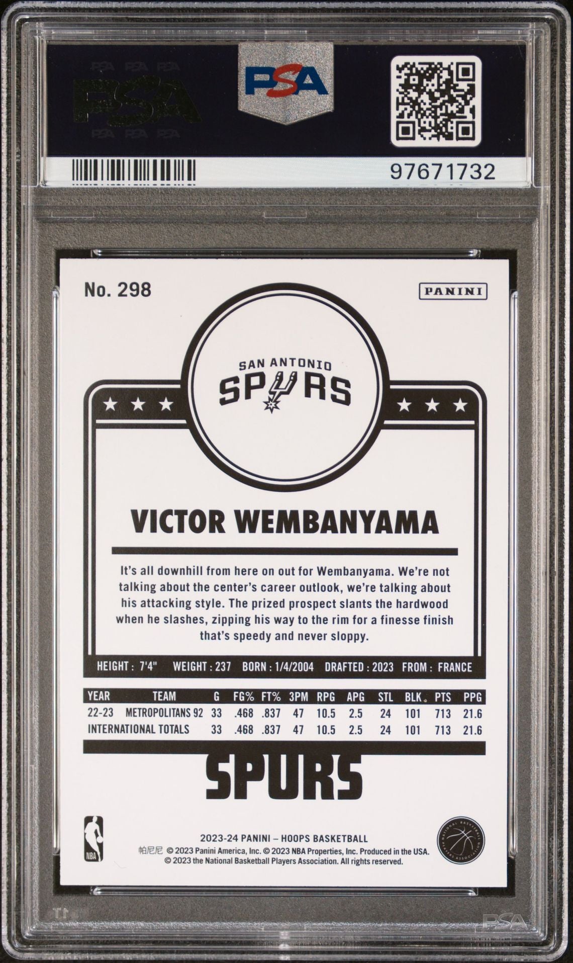 2023-24 Panini NBA Hoops #298 Victor Wembanyama PSA 9 (RC)