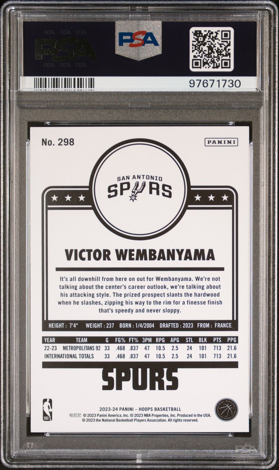 2023-24 Panini NBA Hoops -Winter #298 Victor Wembanyama PSA 9 (RC)