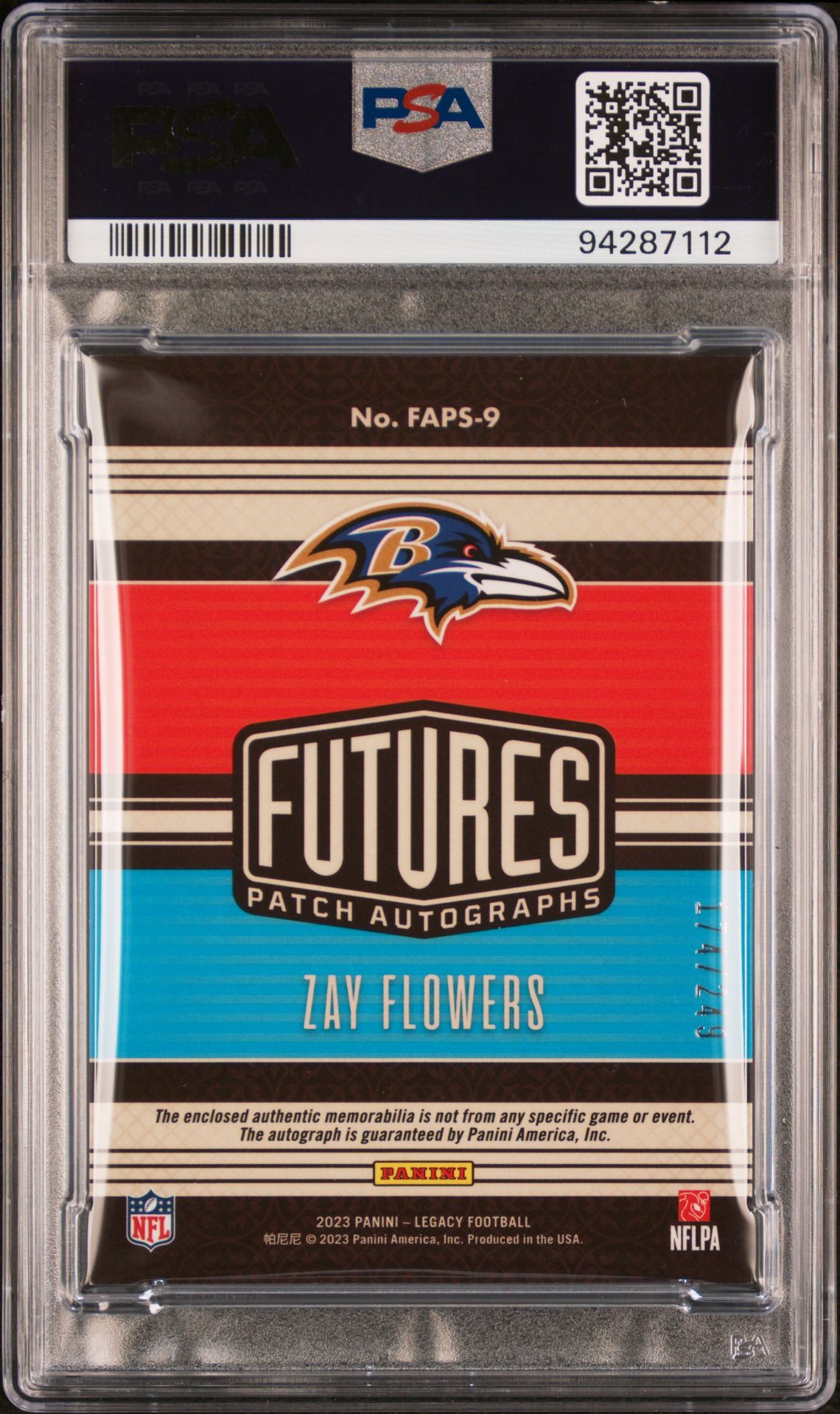2023 Legacy Futures Patch Autograph #FAPS9 Zay Flowers PSA 8/Auto 10 (RC,AU)