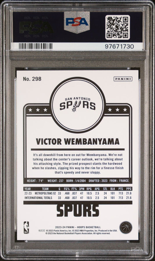 Victor Wembanyama Rookie PSA 9 2023-24 Panini NBA Hoops Winter #298 back