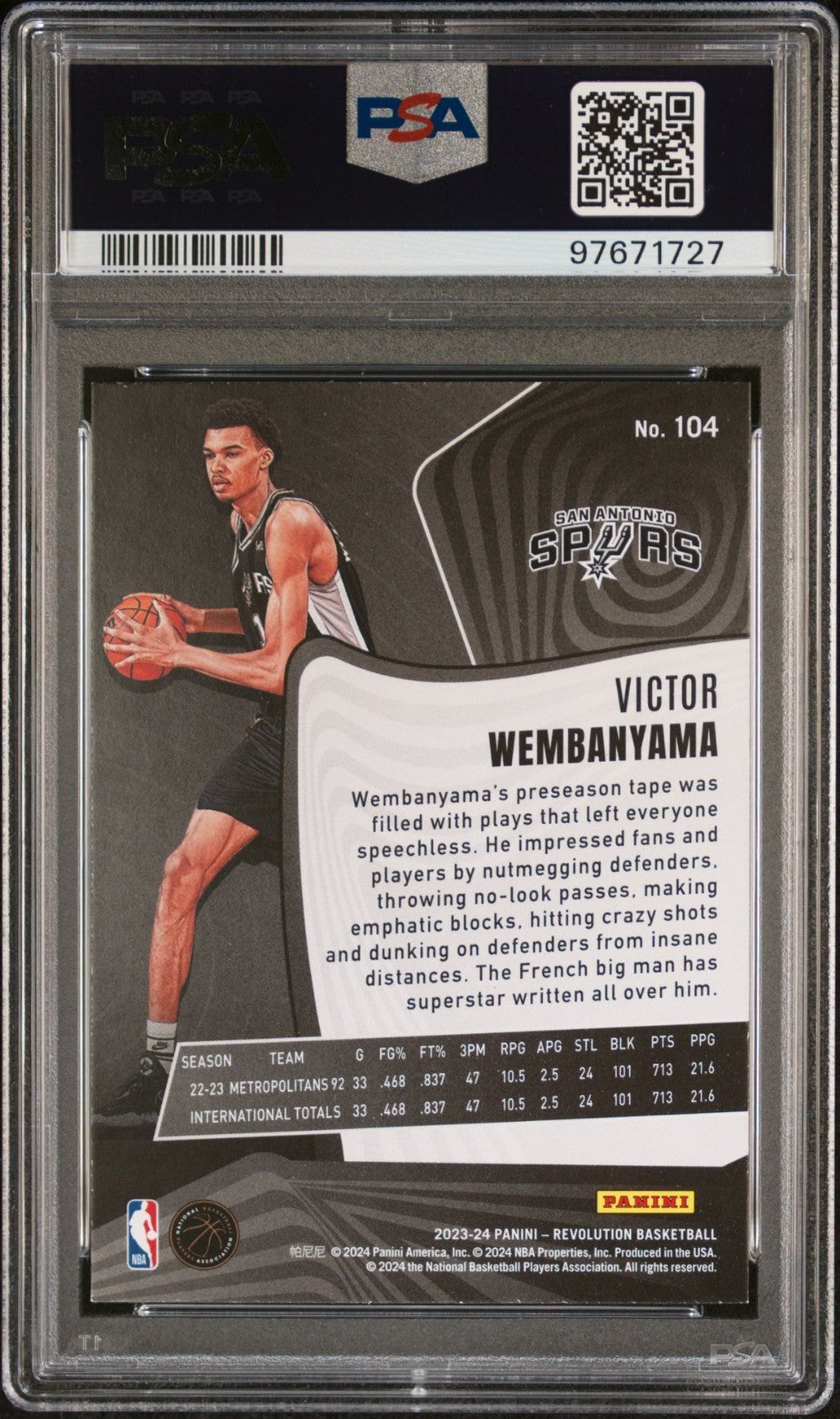 Victor Wembanyama Rookie PSA 9 2023-24 Panini Revolution #104 back