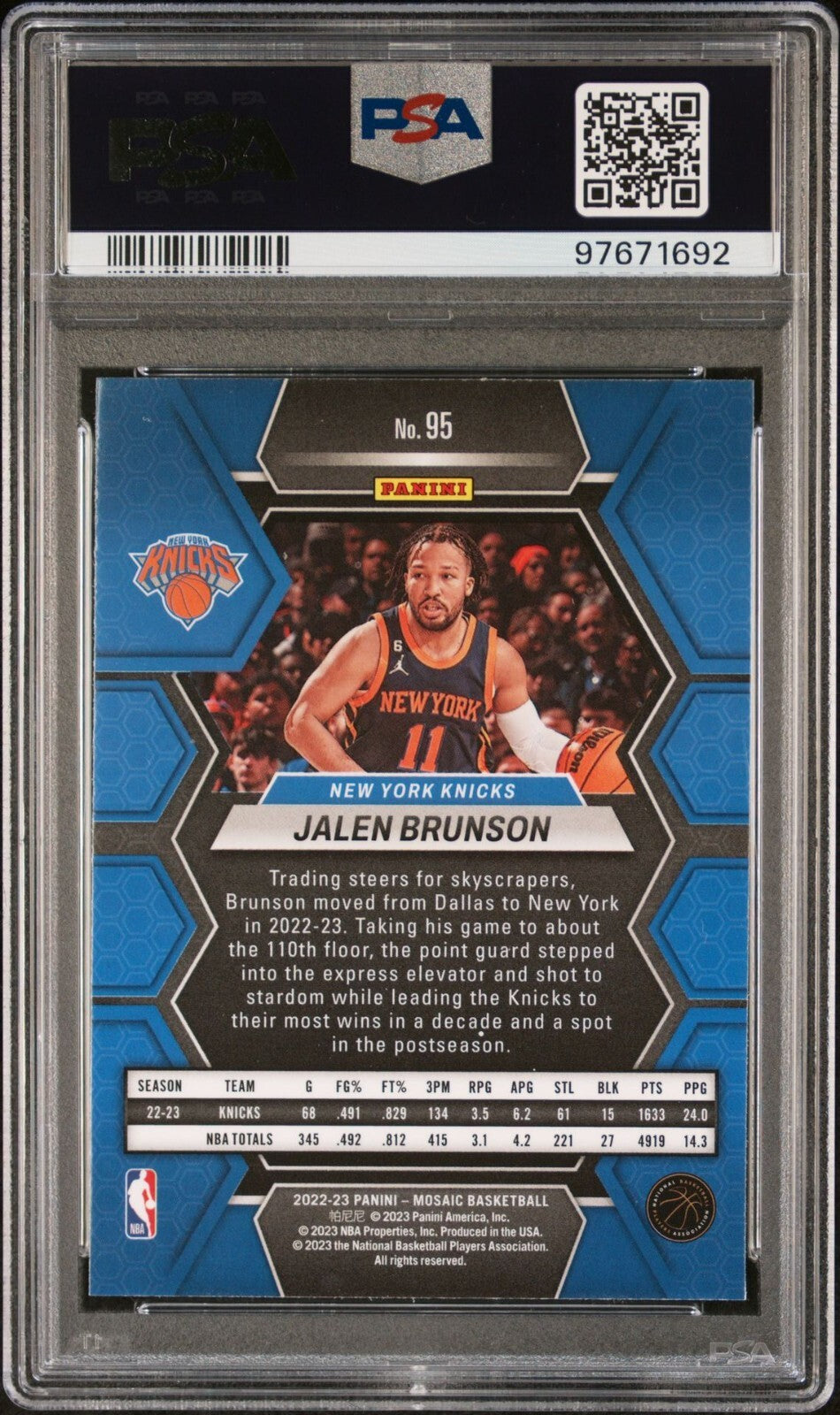 Jalen Brunson PSA 9 2022-23 Panini Mosaic #95 back