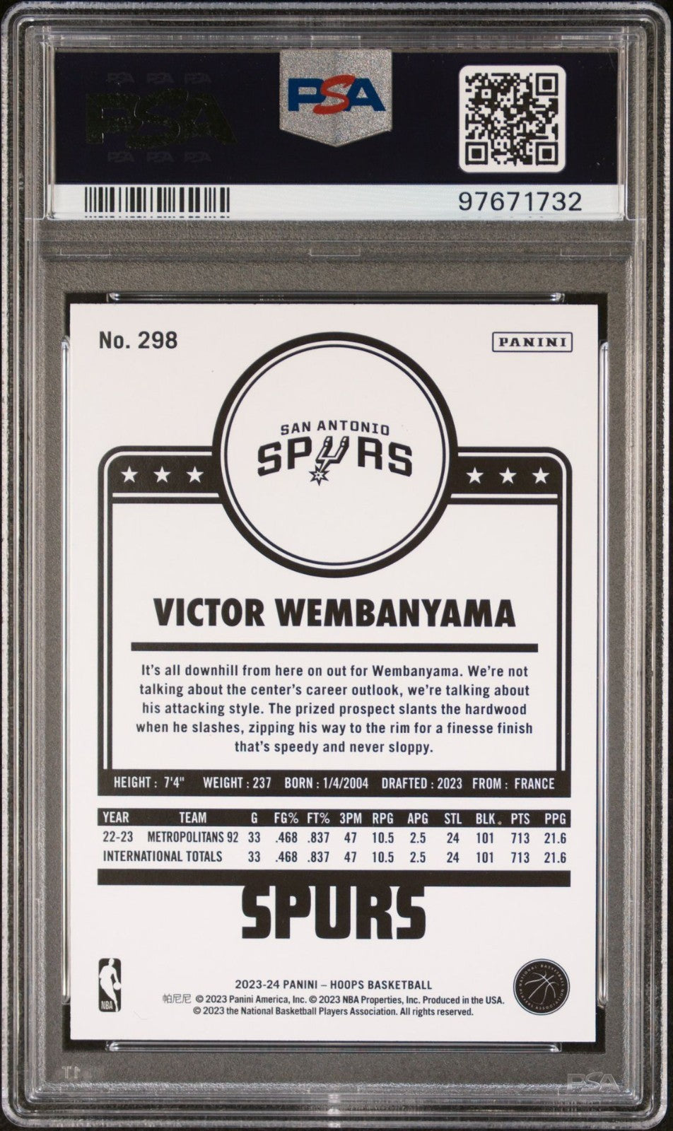 Victor Wembanyama Rookie PSA 9 2023-24 Panini NBA Hoops #298 back