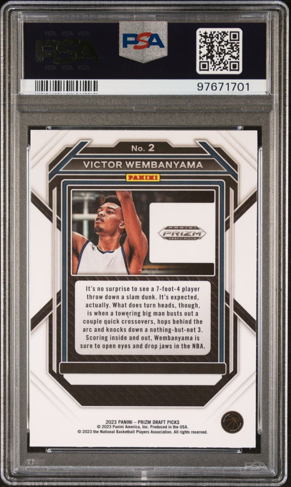 Victor Wembanyama 2023 Panini Prizm Draft Picks #2 PSA 9 back of slab showing cert 97671701