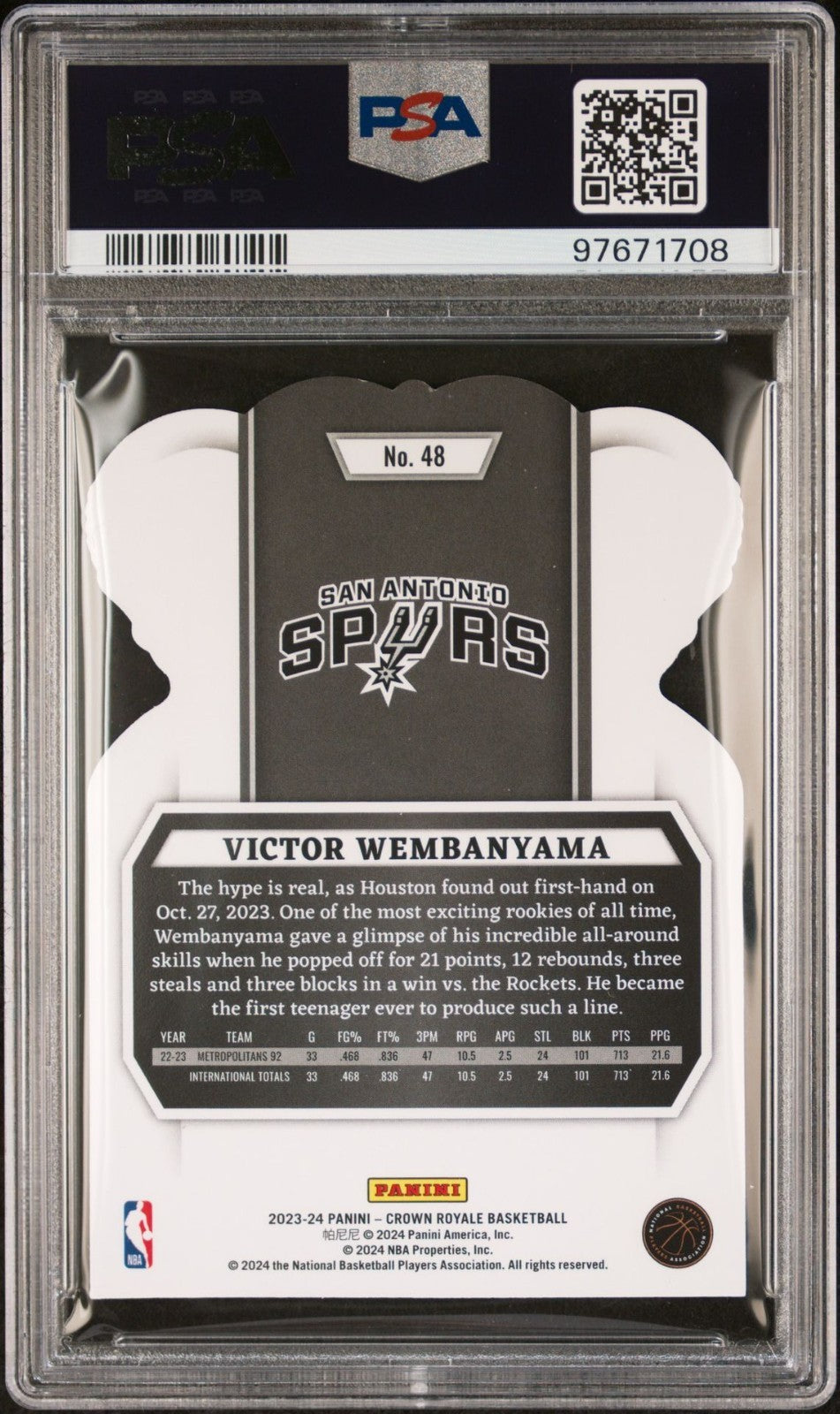 Victor Wembanyama Rookie PSA 8 2023-24 Panini Crown Royale #48 back