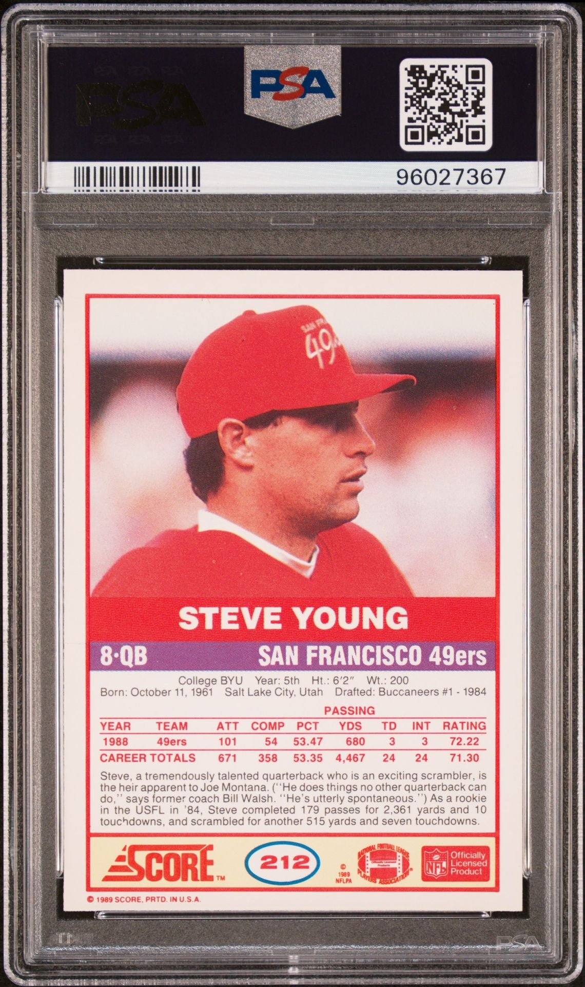 Steve Young PSA 8 1989 Score #212 back