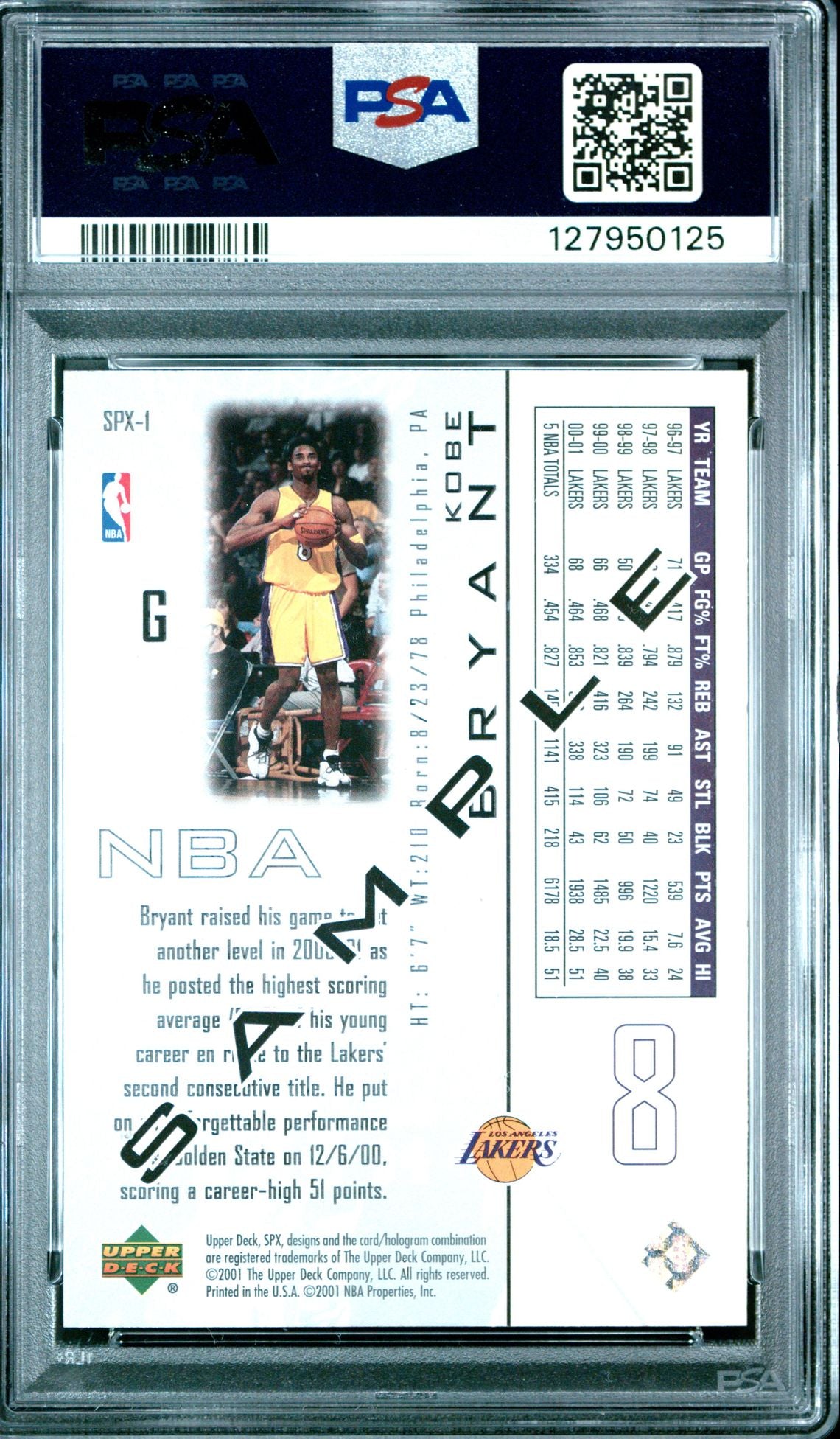 Kobe Bryant PSA 10 2001 SPx Sample - back of slab showing cert 127950125