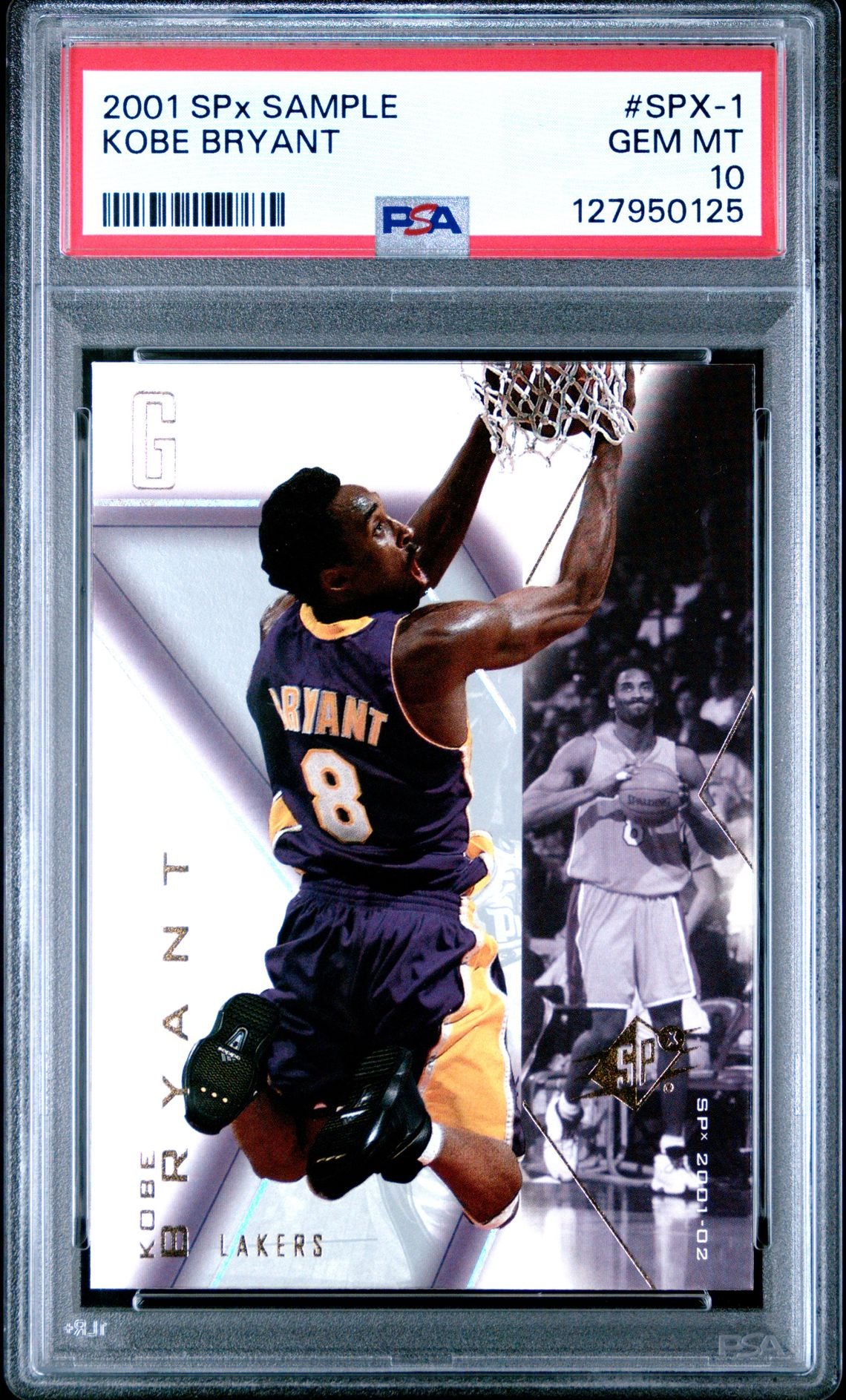 Kobe Bryant PSA 10 2001 SPx Sample #SPX-1 - front of slab