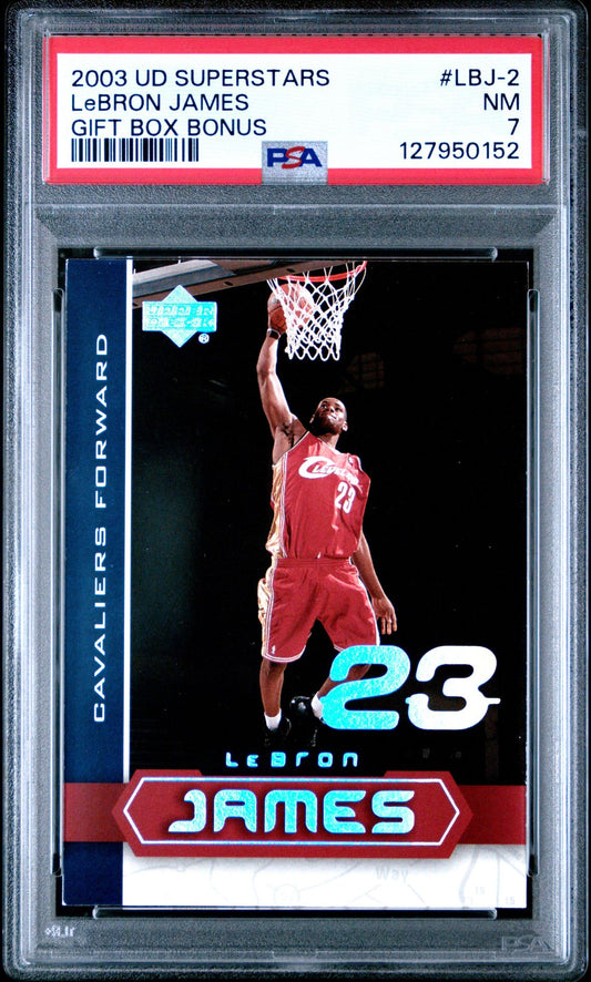 LeBron James Rookie PSA 7 2003 Upper Deck Superstars Gift Box Bonus #LBJ-2 front