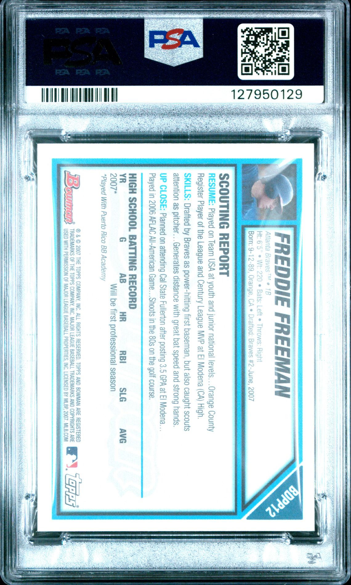 Freddie Freeman PSA 6 2007 Bowman Draft Gold - back of slab showing cert 127950129