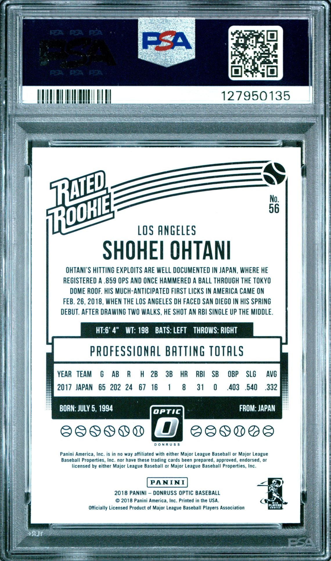 Shohei Ohtani rookie PSA 10 2018 Optic Variation - back of slab showing cert 127950135