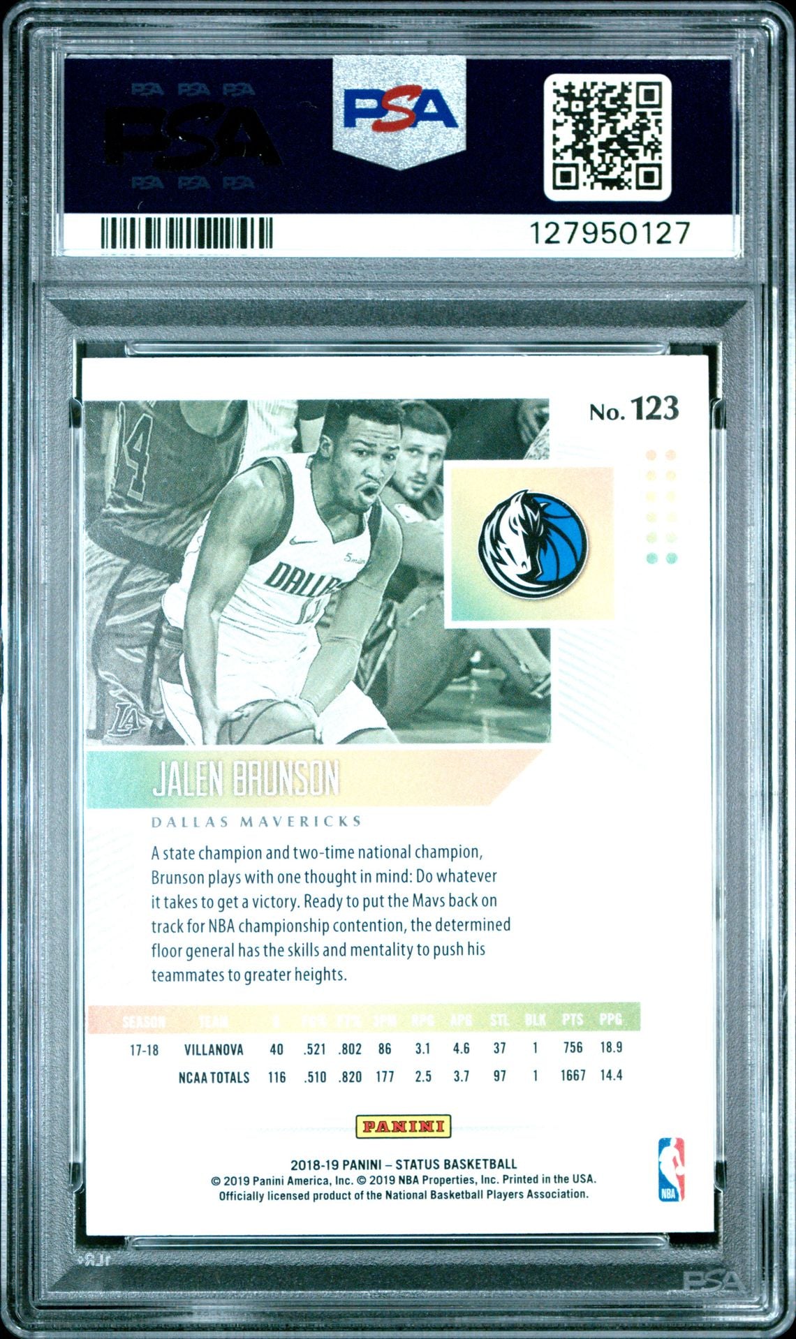 Jalen Brunson rookie PSA 10 - back of slab showing cert 127950127