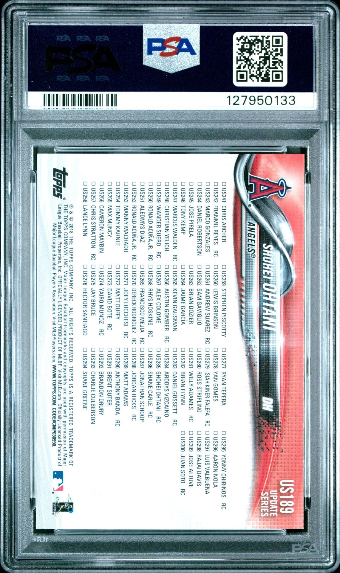 Shohei Ohtani PSA 8 2018 Topps Update - back of slab showing cert 127950133