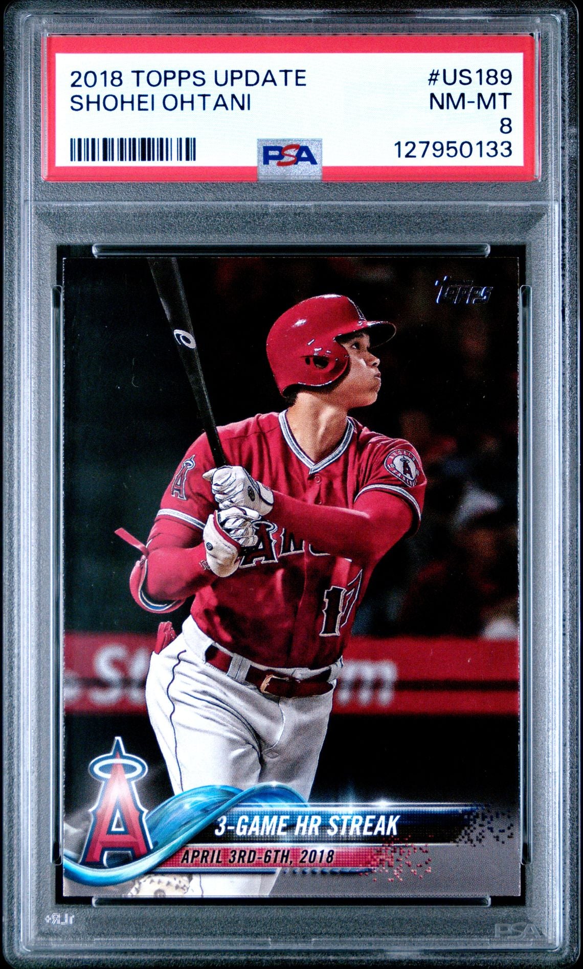 Shohei Ohtani PSA 8 2018 Topps Update #US189 3-Game HR Streak - front of slab